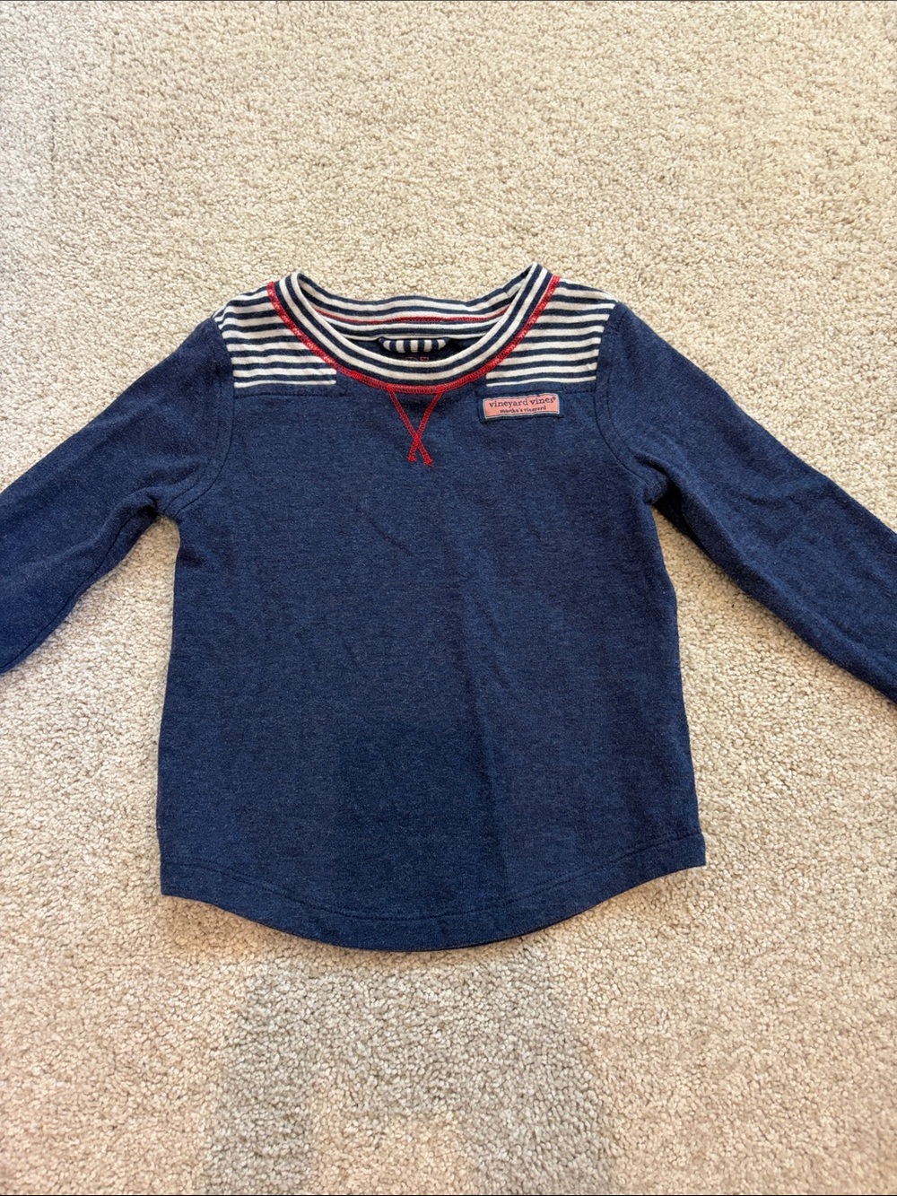 Vineyard Vines Navy Sweater with Striped Yoke and Red Trim